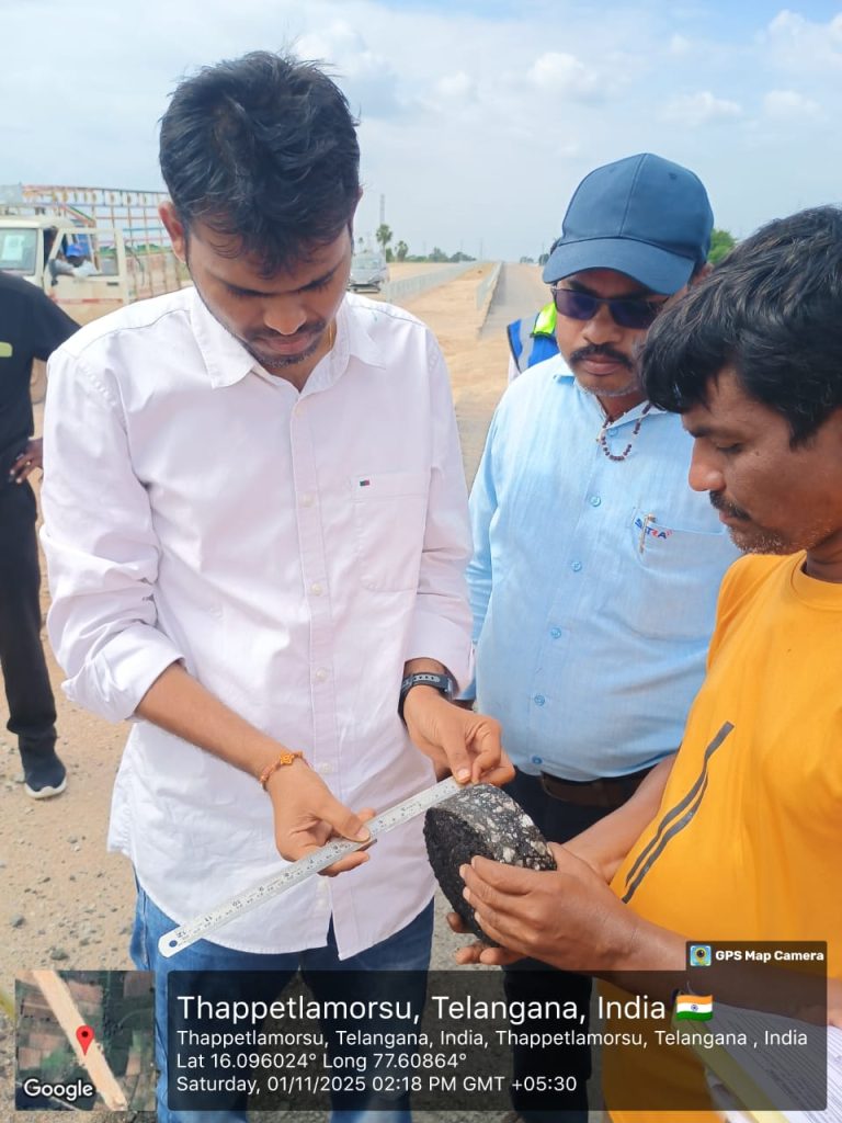 BC top layer core cutting completed at Chainage 220+040 RHS in the presence of NHAI PD during the site visit.